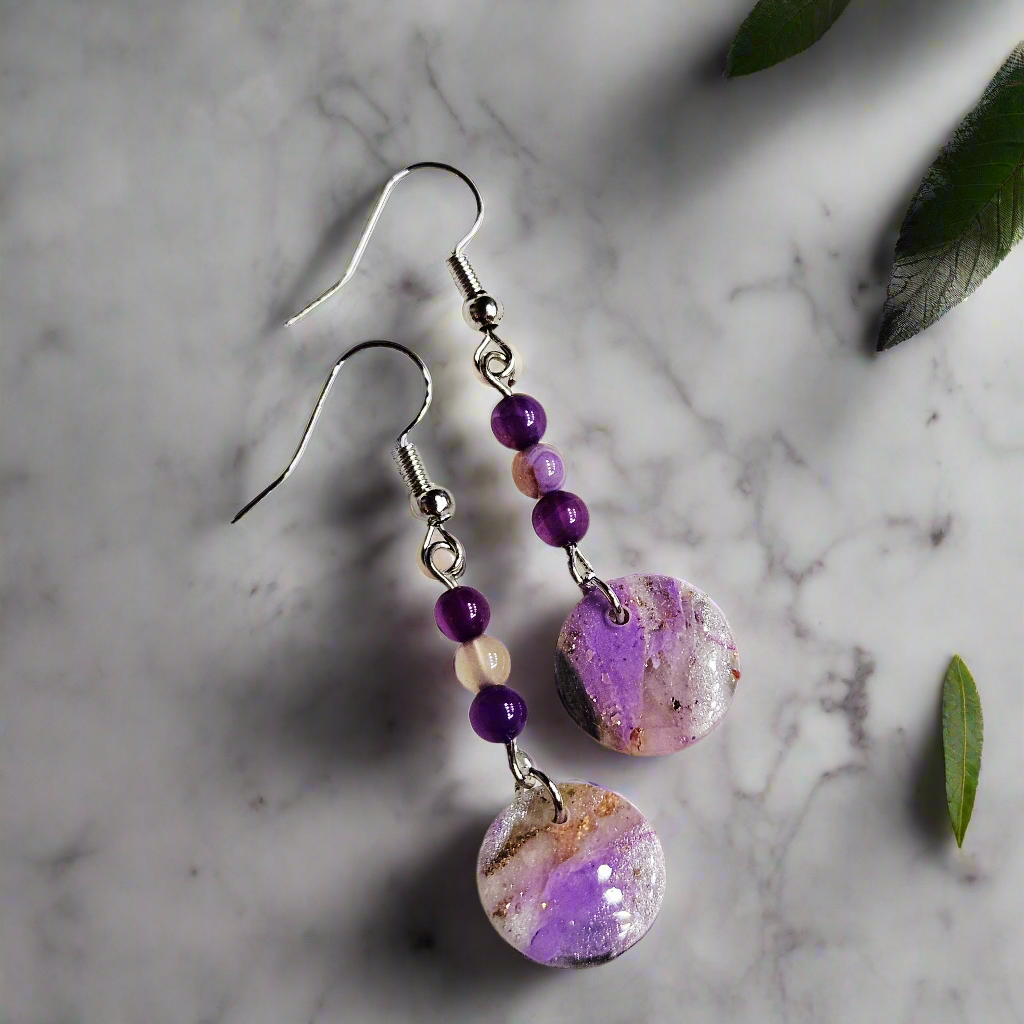 Purple Polymer Clay Marble with Gold Fleck and Polished Purple Stones in Silver Setting