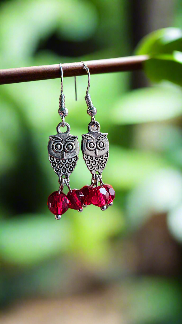 Silver Owl Charm Earrings with Red or Silver Cluster Dangles - 2"