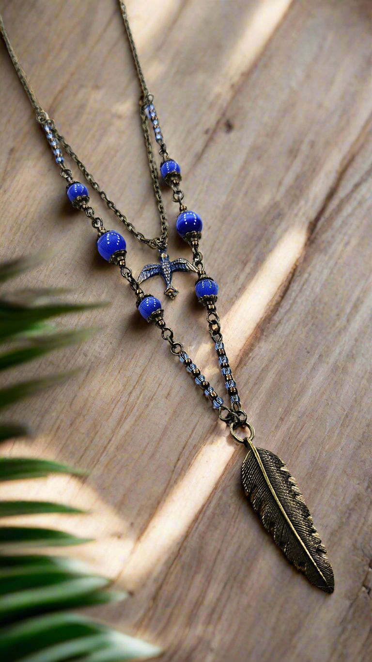 Royal Blue-Bird Feather Set: Brass Feather Pendant Necklace with Pure Brass Bird Charm, Matching Bracelet & Earrings
