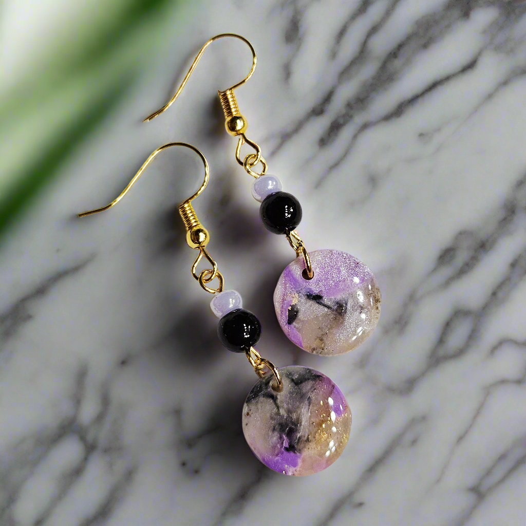 Purple Polymer Clay Marble Danngle Earrings with Black & Light Purple Beads in Gold