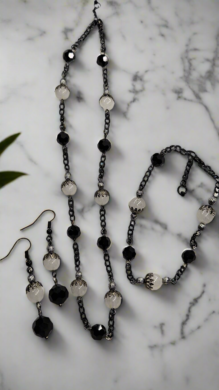Modern Vintage Black Chain Necklace, Earrings and Bracelet with White Jade and Black Crystals