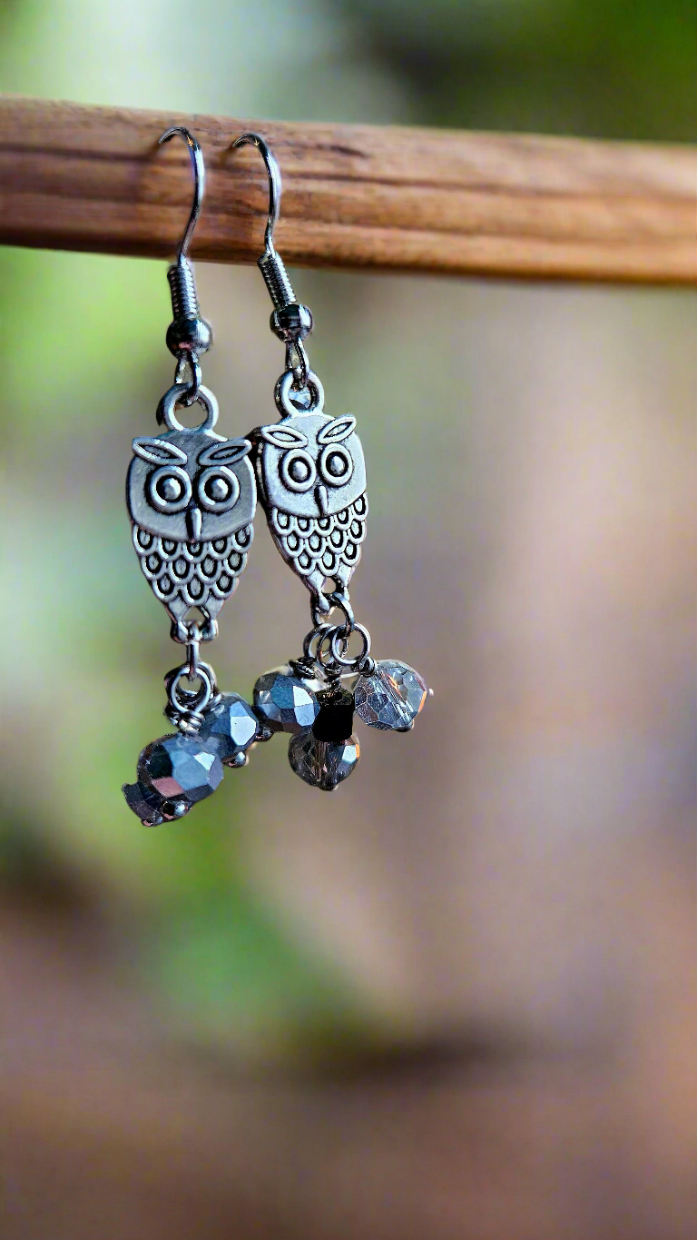 Silver Owl Charm Earrings with Red or Silver Cluster Dangles - 2"