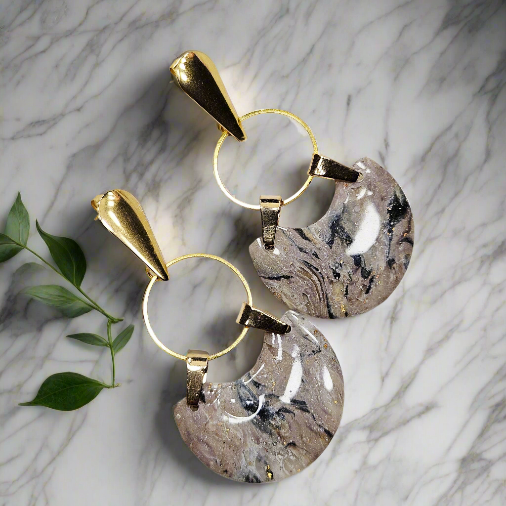 Black and Brown Marble Polymer Clay Earrings on Golden Hoops - 2⅜"