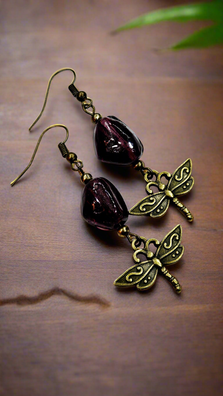 Deep Purple Stone & Brass Dragonflies Dangle Earrings