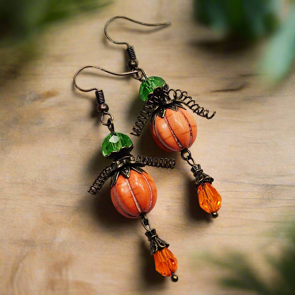 Orange "Pumpkin Men" Earrings with Crystal Teardrop Dangles on Brass