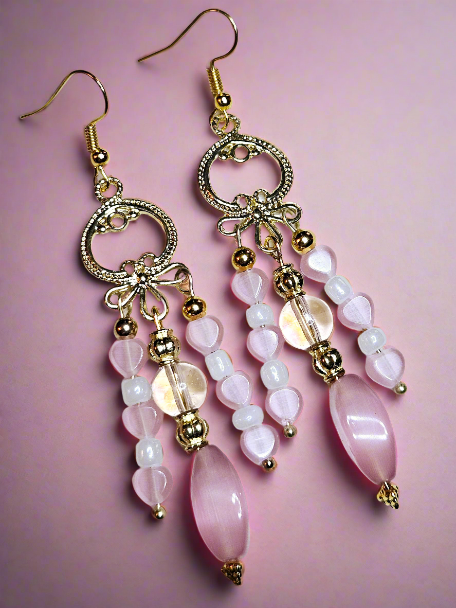 Bali Style Pink & Gold Chandelier Earrings