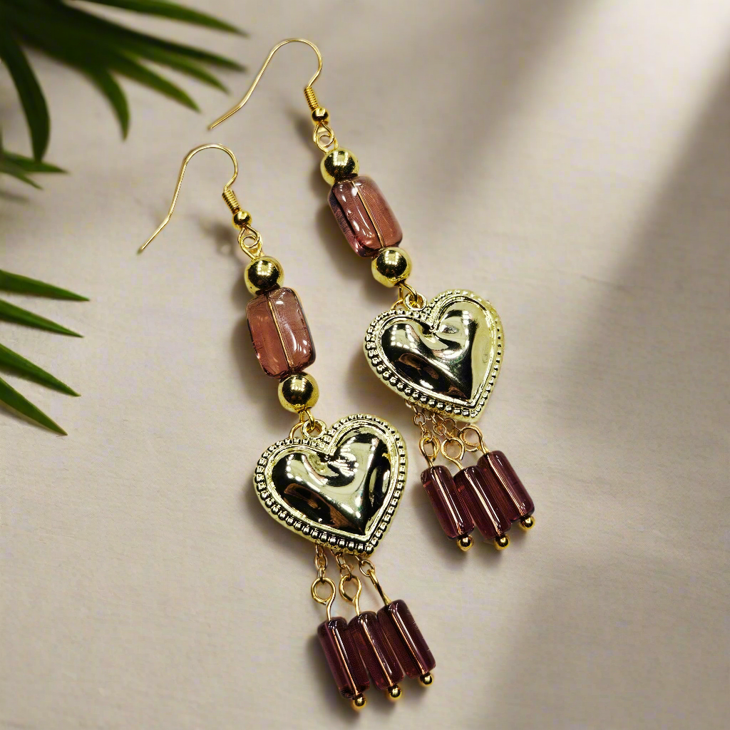 Golden Heart Charm Earrings with Dark Mauve Glass Dangles on Gold Chain - 3¼"
