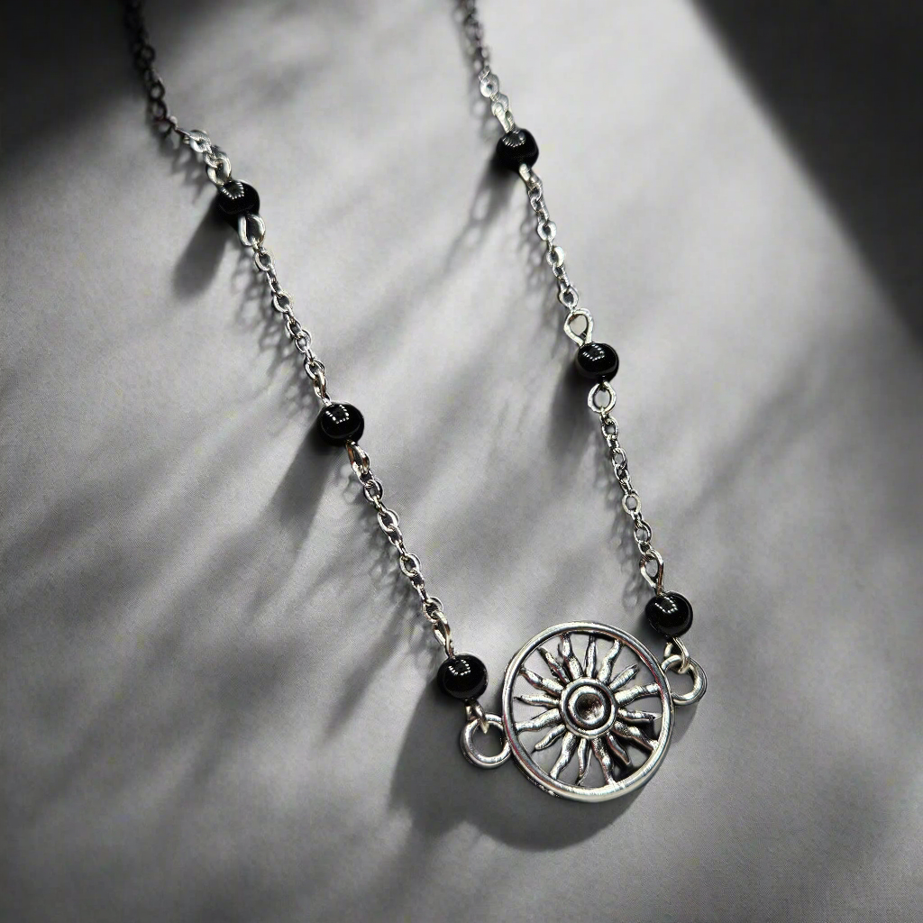 Black Hole Sun Beaded Silver Chain Necklace with Polished Black Glass - 16"