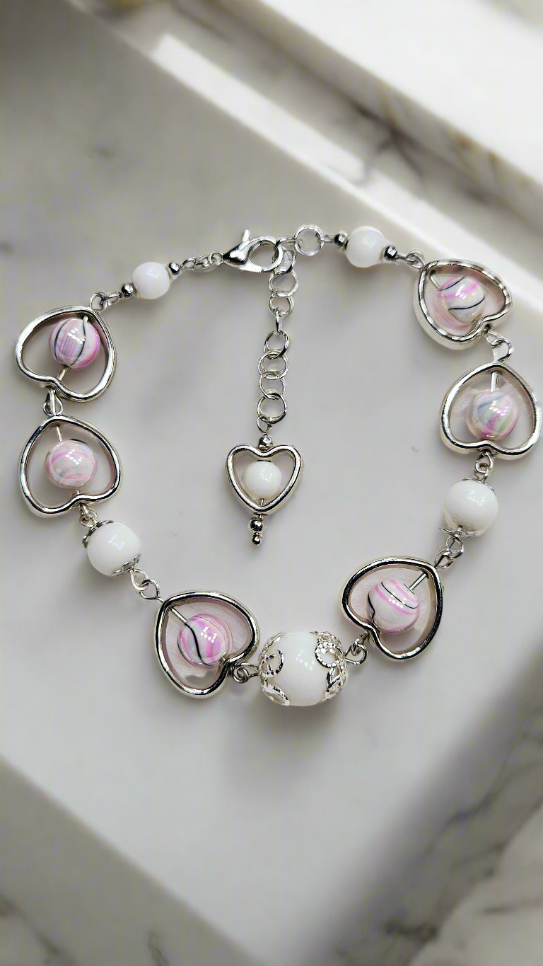 Pink Marble & Silver Heart Frame Bracelet