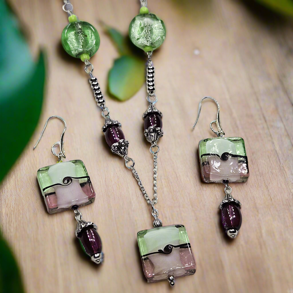 Fun and Funky Green and Purple Square Glass Pendant Necklace and Earrings Set on Silver - 28"/2¾"
