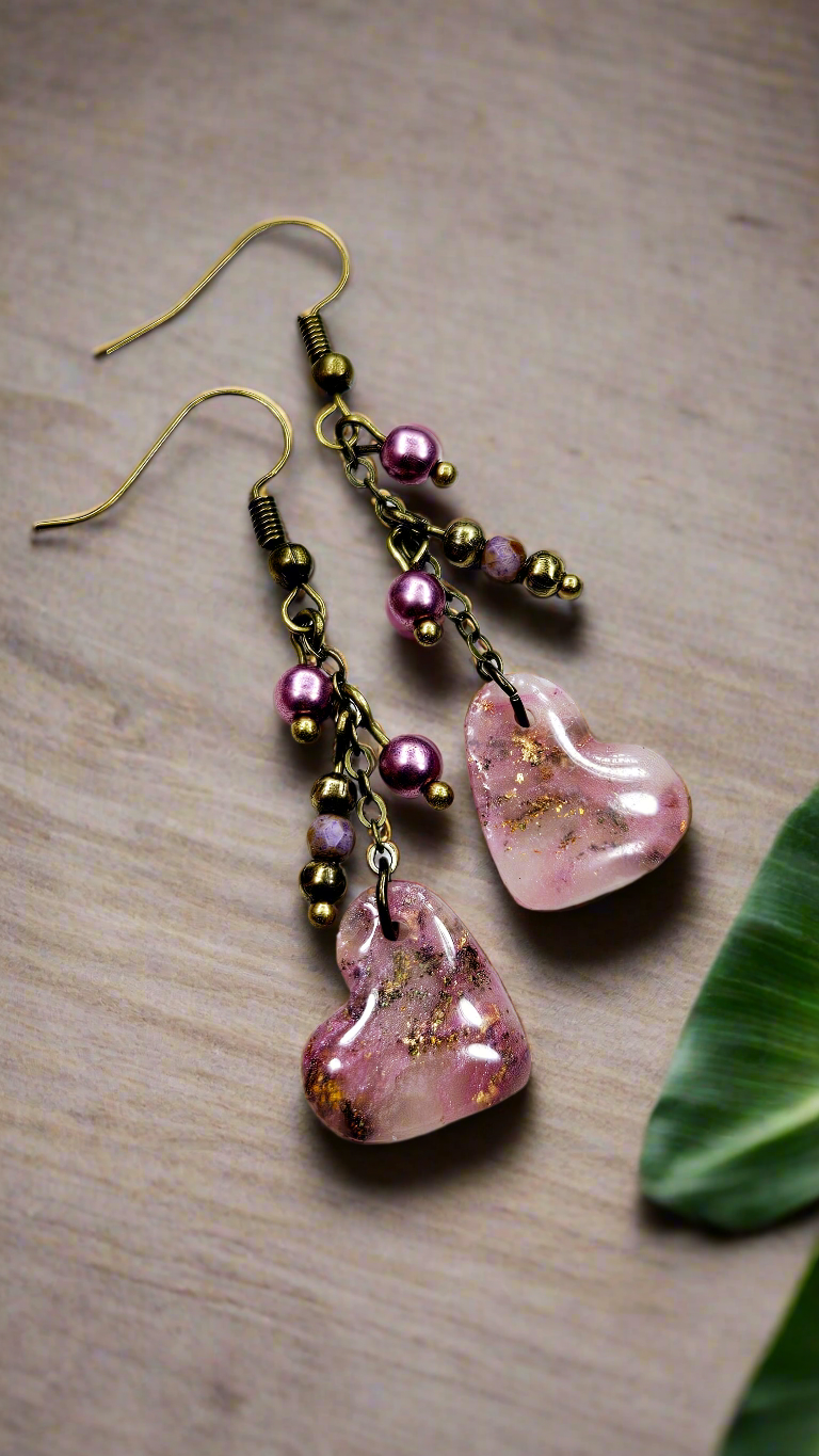 Pink Passion Marbled Clay Hearts with Gold Fleck on Brass Dangle Earrings
