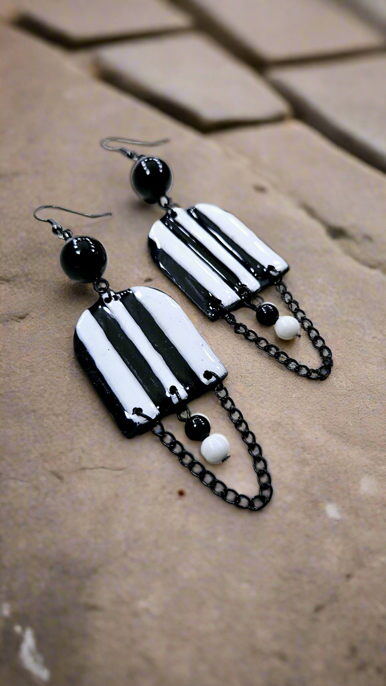 Black & White Clay Arches with Black Chain Dangle Earrings - 3½"