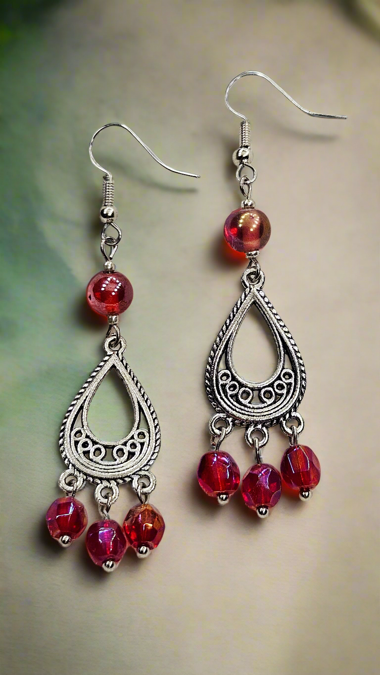 Tibetan Silver Teardrop Chandelier Earrings with Red Iridescent Glass Dangles - 3"