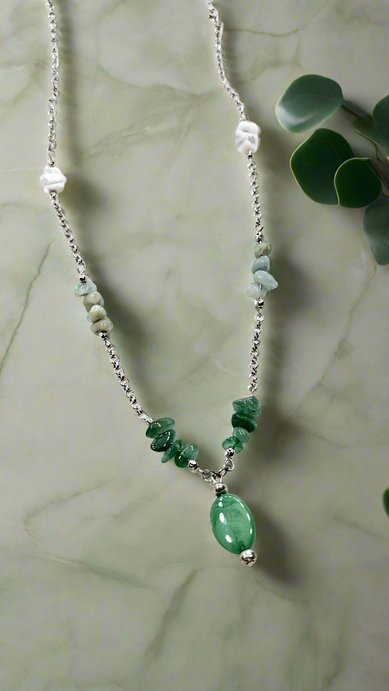 Green Natural Stone Cascade Silver Chain Necklace