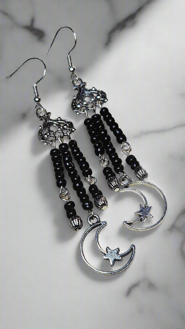 Black Moon-Star Silver Earrings