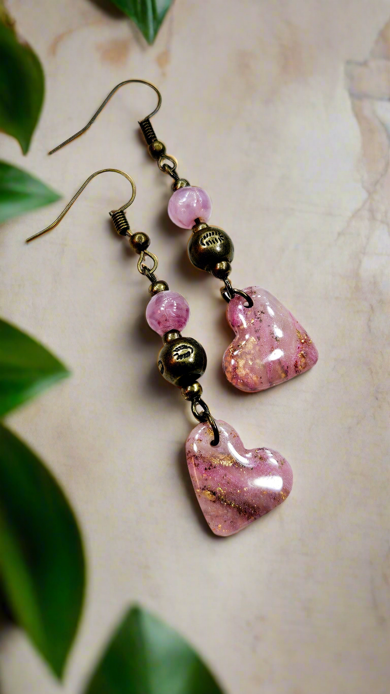 Pink Passion Marbled Clay Hearts with Gold Fleck on Brass Dangle Earrings