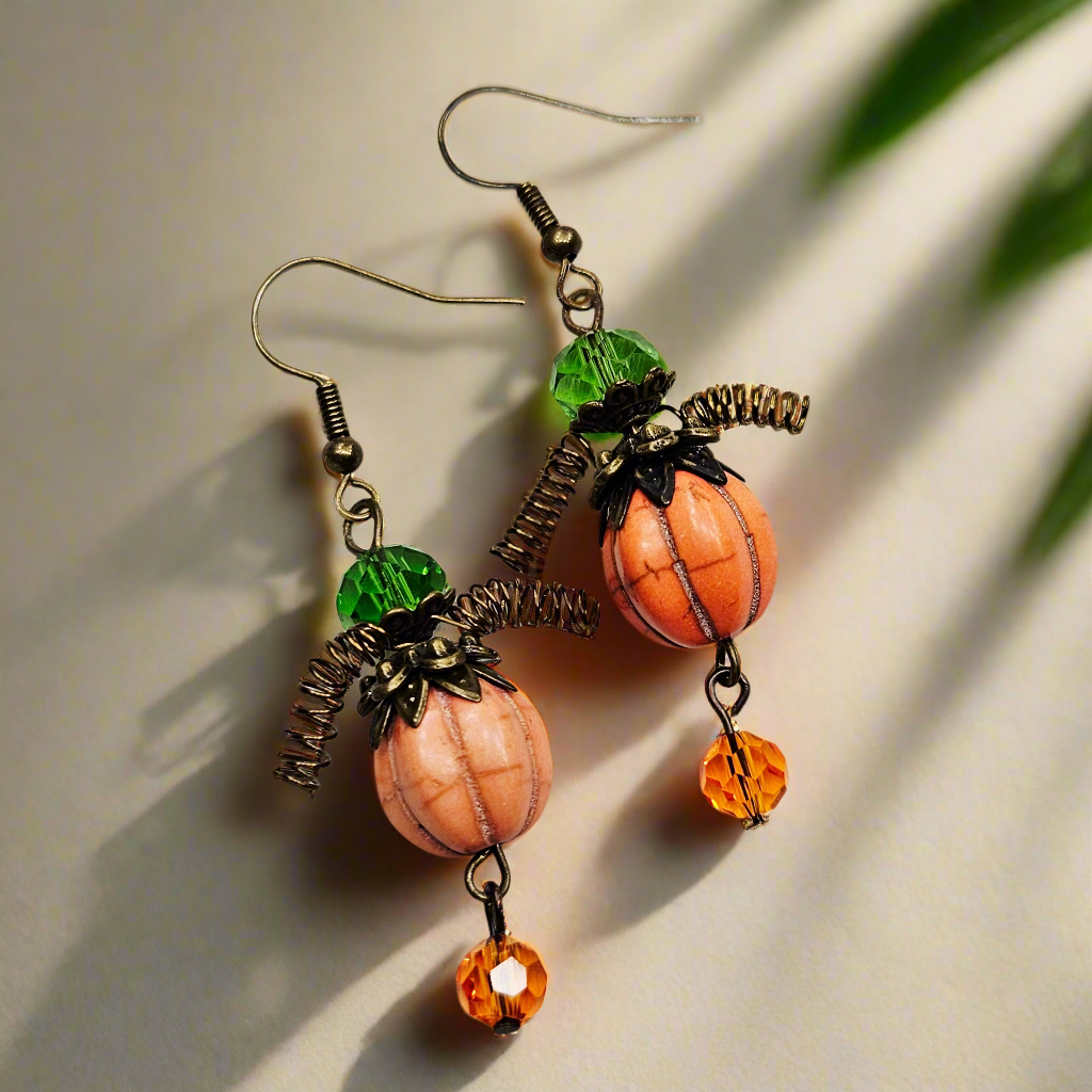 Orange Pumpkin Men Earrings with Round Crystal Dangles