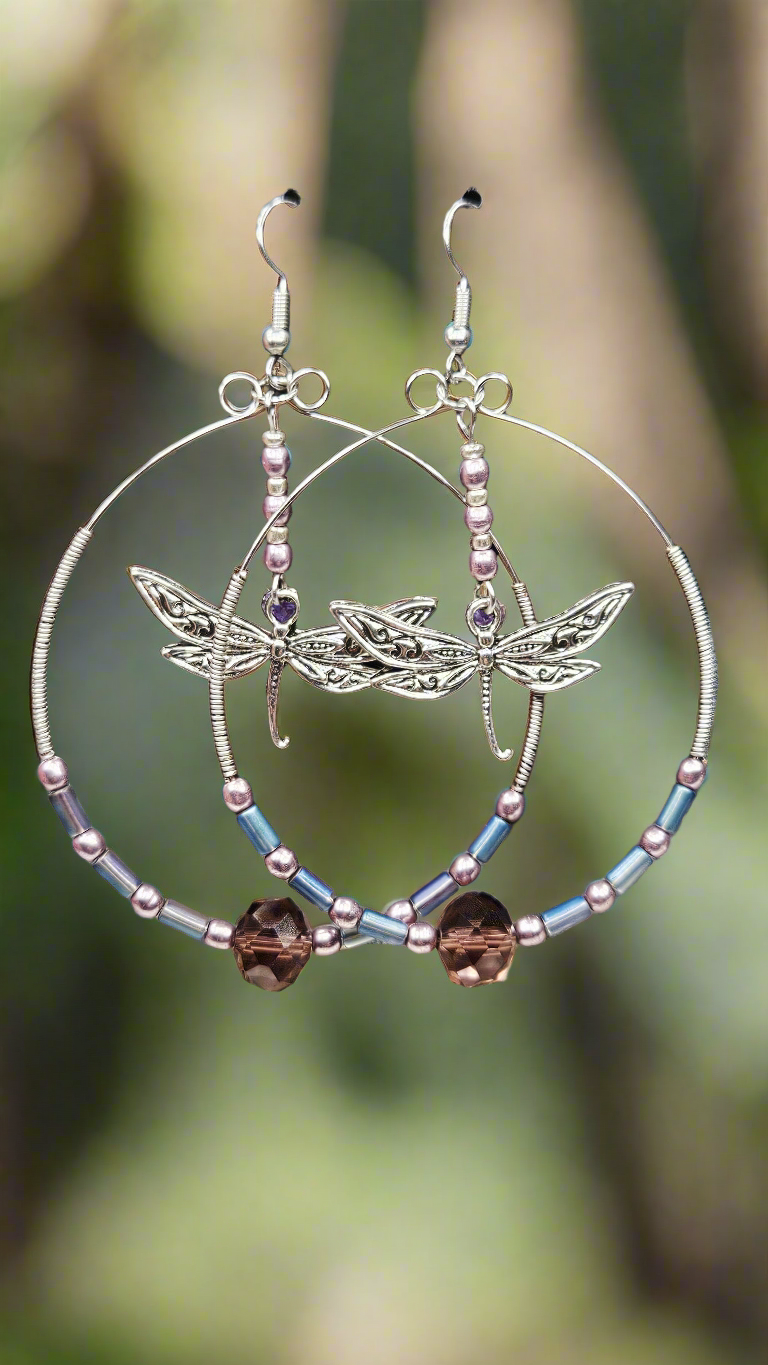 Ornate Silver Dragonflies in Large Silver Wire Wrapped Purple Beaded Hoops Earrings - 3¼"x2½"