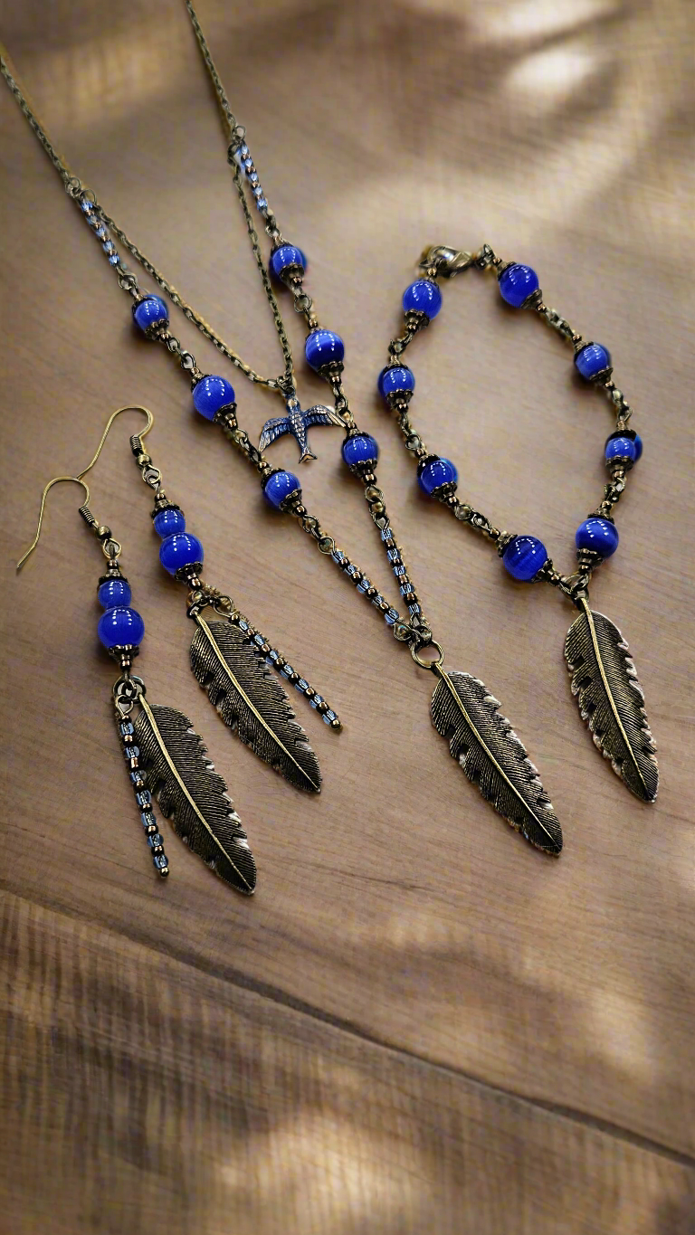 Royal Blue-Bird Feather Set: Brass Feather Pendant Necklace with Pure Brass Bird Charm, Matching Bracelet & Earrings