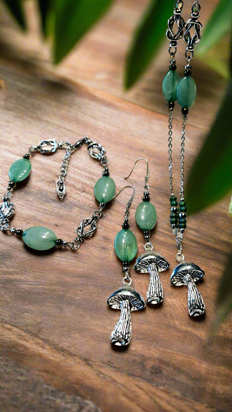 Jade Mushrooms Set - Large Silver Mushroom Pendant Necklace, Matching Mushroom Charm Earrings & Bracelet with Jade Green