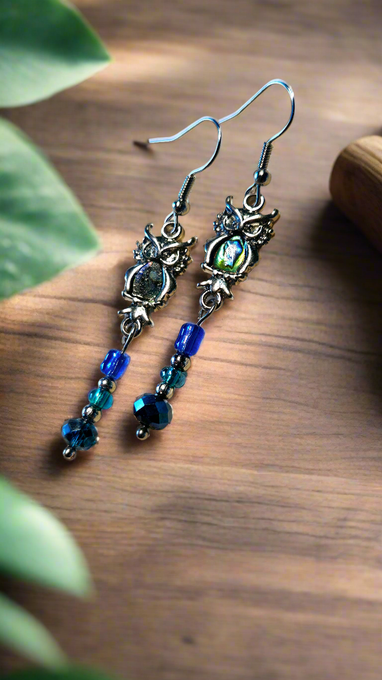 Dark Blue Opalescent Owl Charm Dangle Earrings