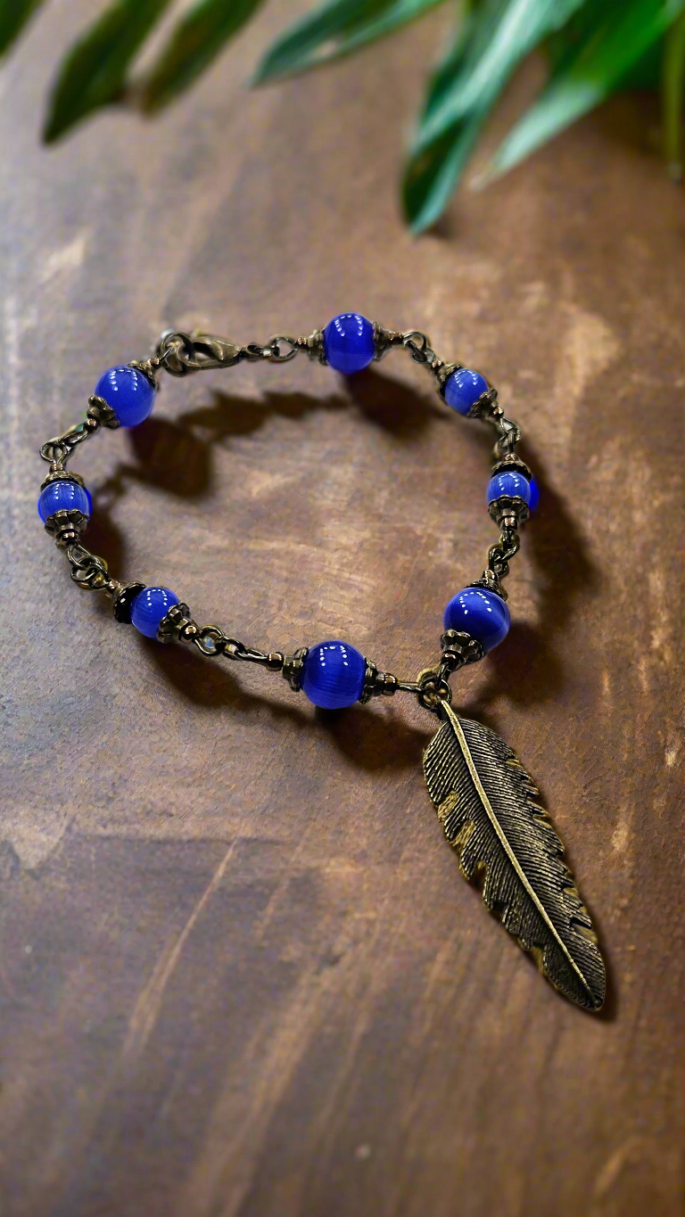 Royal Blue-Bird Feather Set: Brass Feather Pendant Necklace with Pure Brass Bird Charm, Matching Bracelet & Earrings