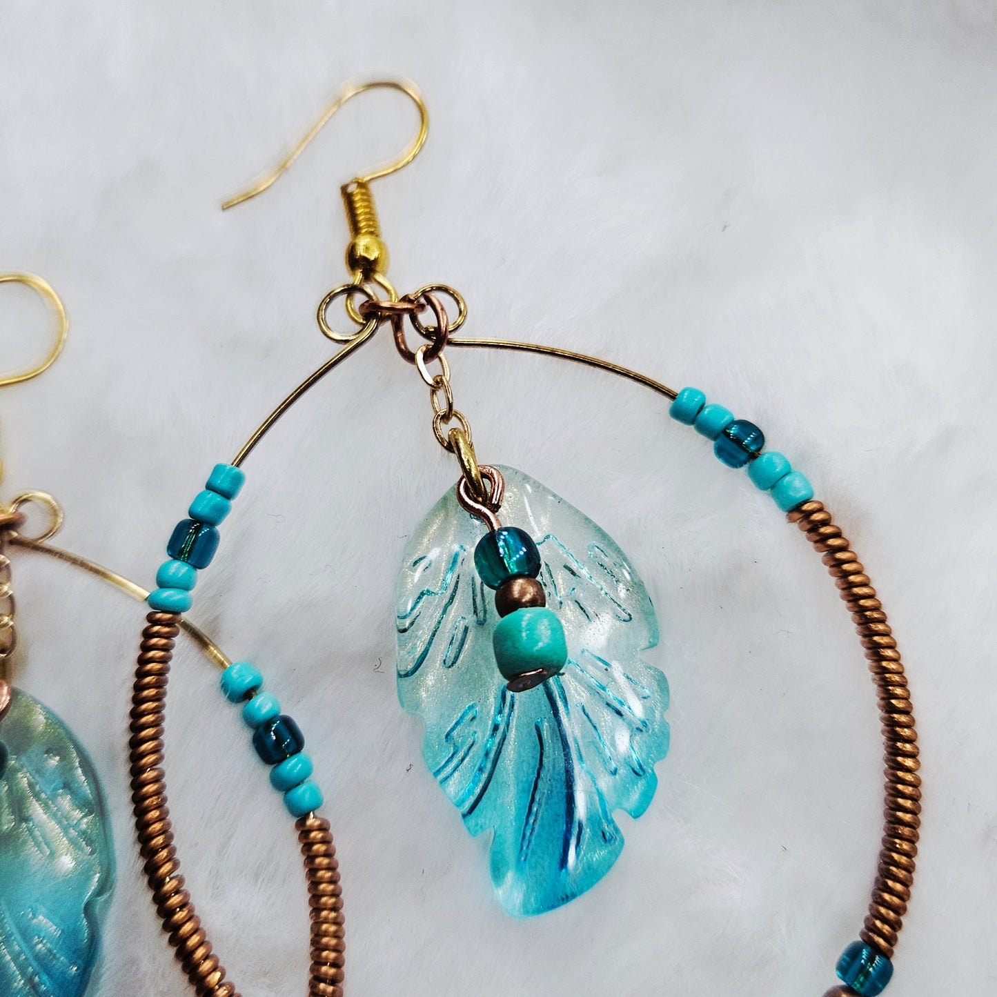 Boho Gold & Copper Wire Wrapped Hoops with Teal Blue Feathers and Seed Beads