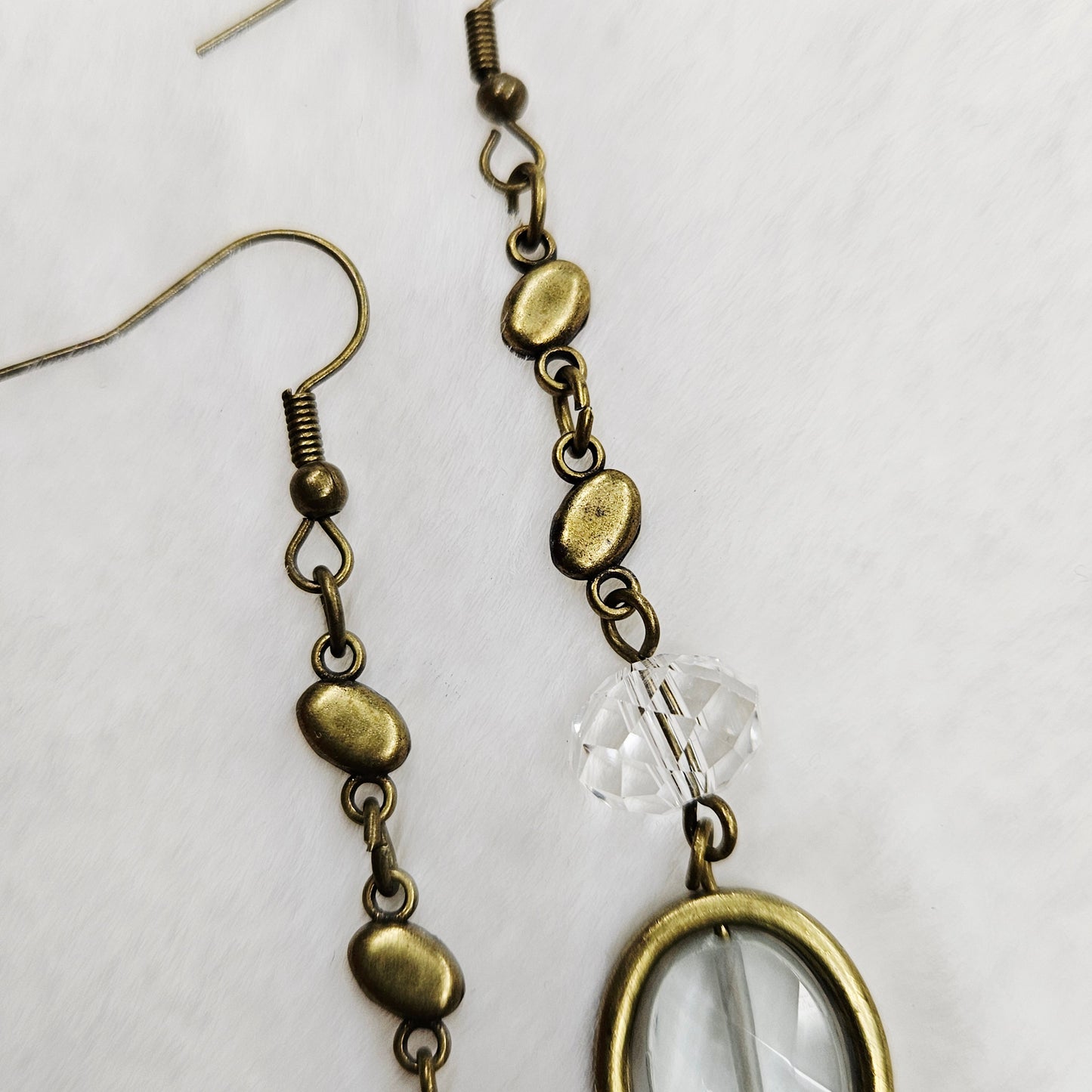 Long Antiqued Brass Earrings with Crystal and Brass-Framed Gem-Cut Rough Glass Dangles
