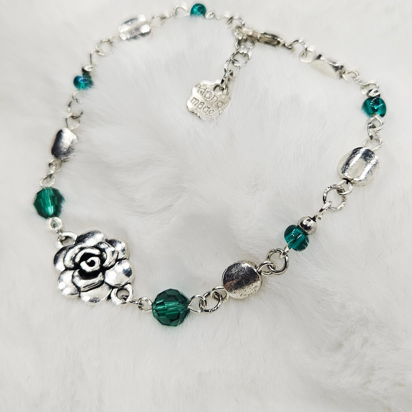 Silver Rose Bracelet with Emerald Austrian Crystals
