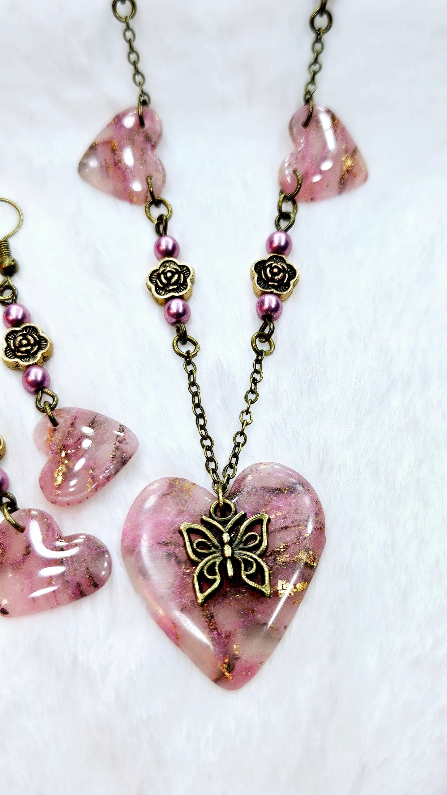 Pink Passion Marbled Clay Set: Pink Clay Hearts with Gold Fleck and Brass Butterfly Pendant Necklace with Matching Earrings