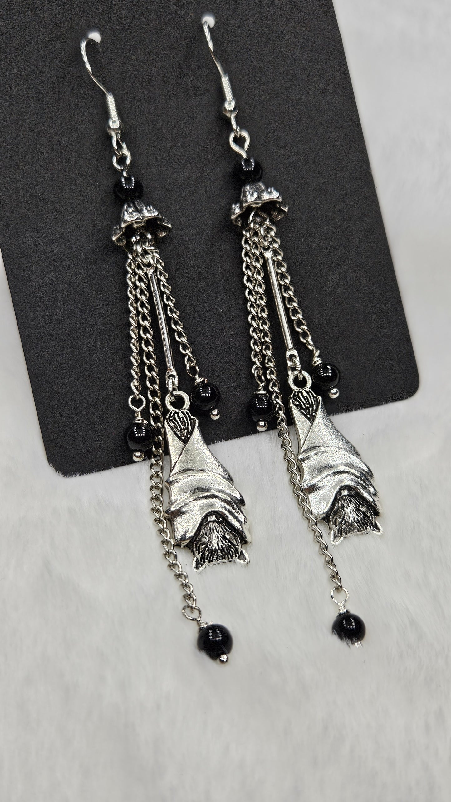 Roosting Bats Drop Dangles with Silver Chain and Black Glass Earrings
