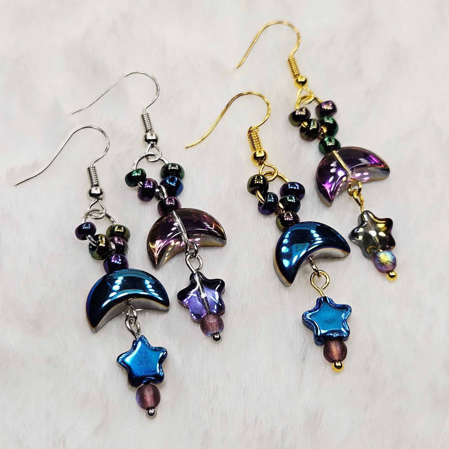 Magical Metallic Blue and Purple Moons and Stars Earrings in Silver or Gold