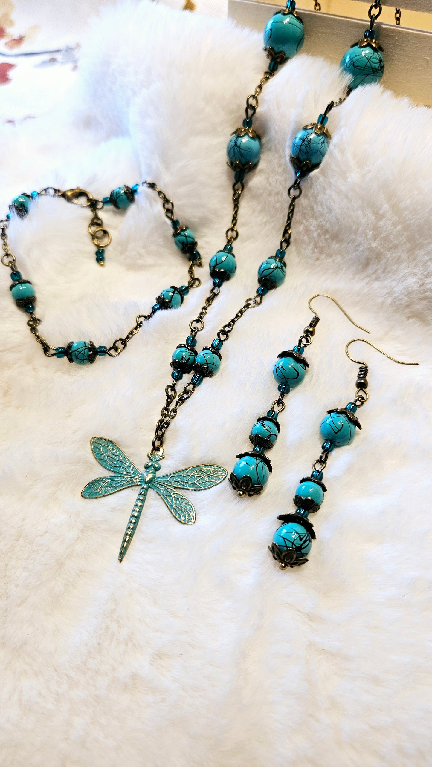 Blues & Brass Dragonfly Set - Pure Brass Dragonfly Pendant with matching Bracelet & Earrings