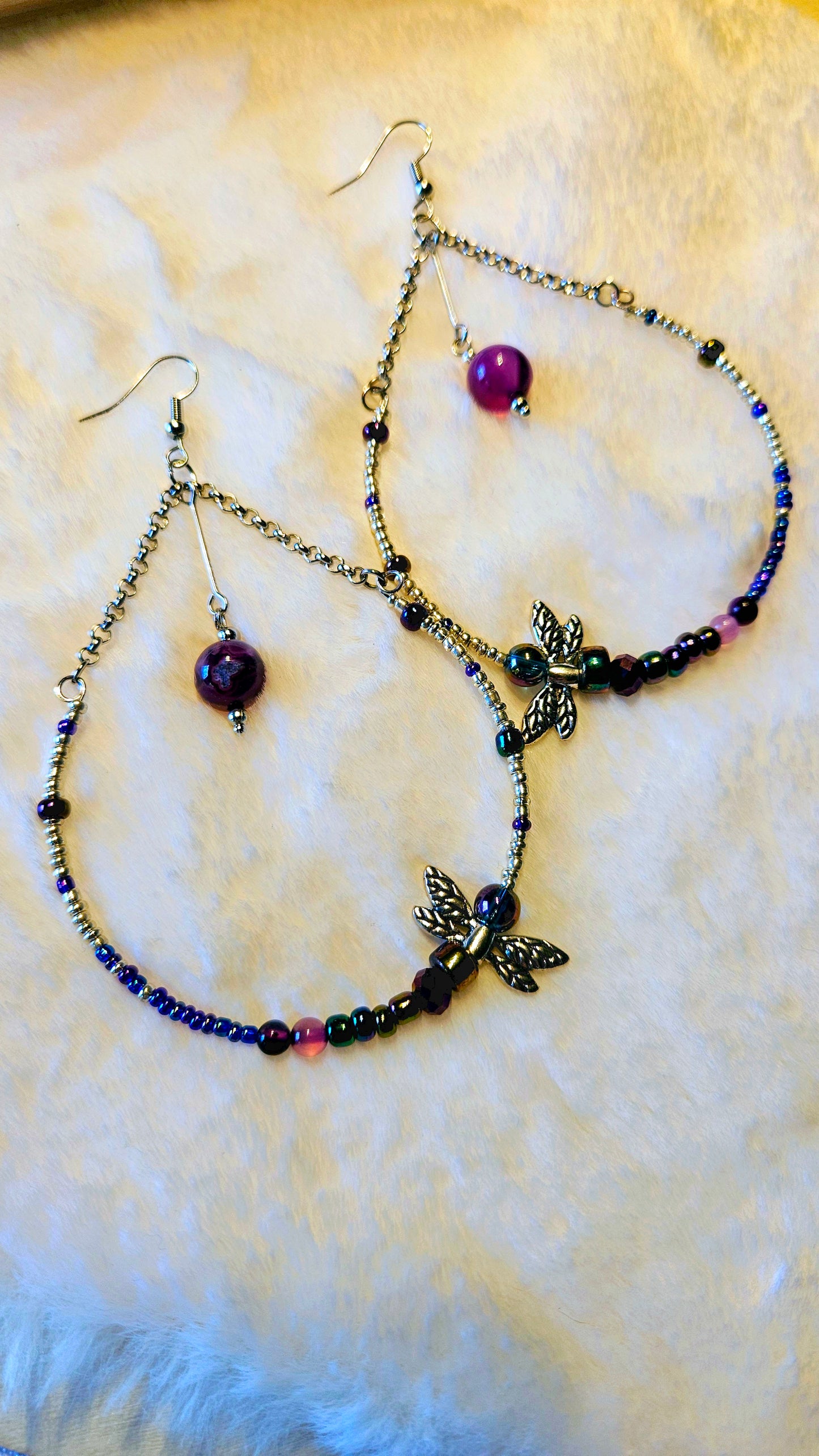 Large Colorful Beaded Dragonfly Teardrop Hoop Earrings