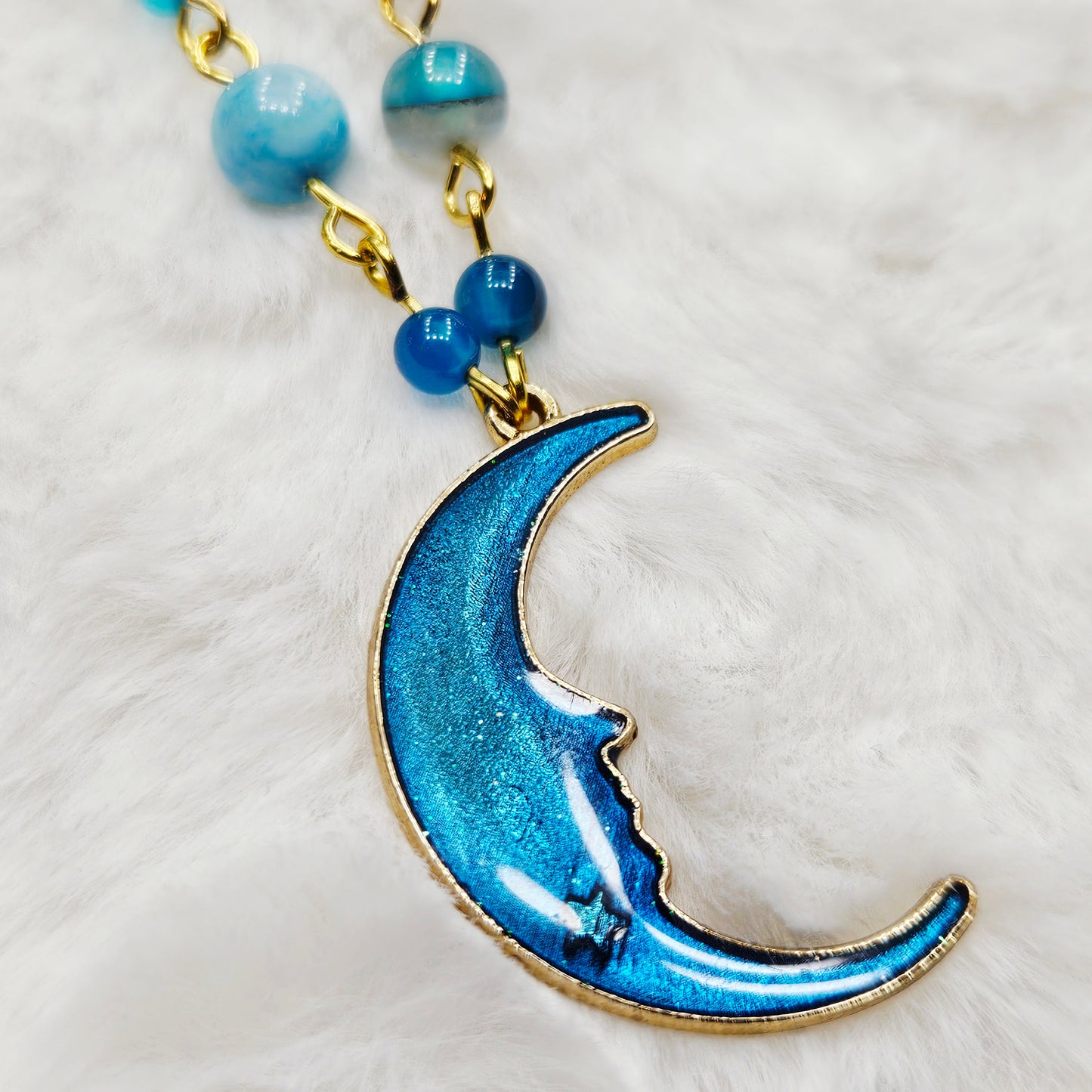 Blue Moon Pendant Necklace with Blue Agate Beaded Chain in Gold