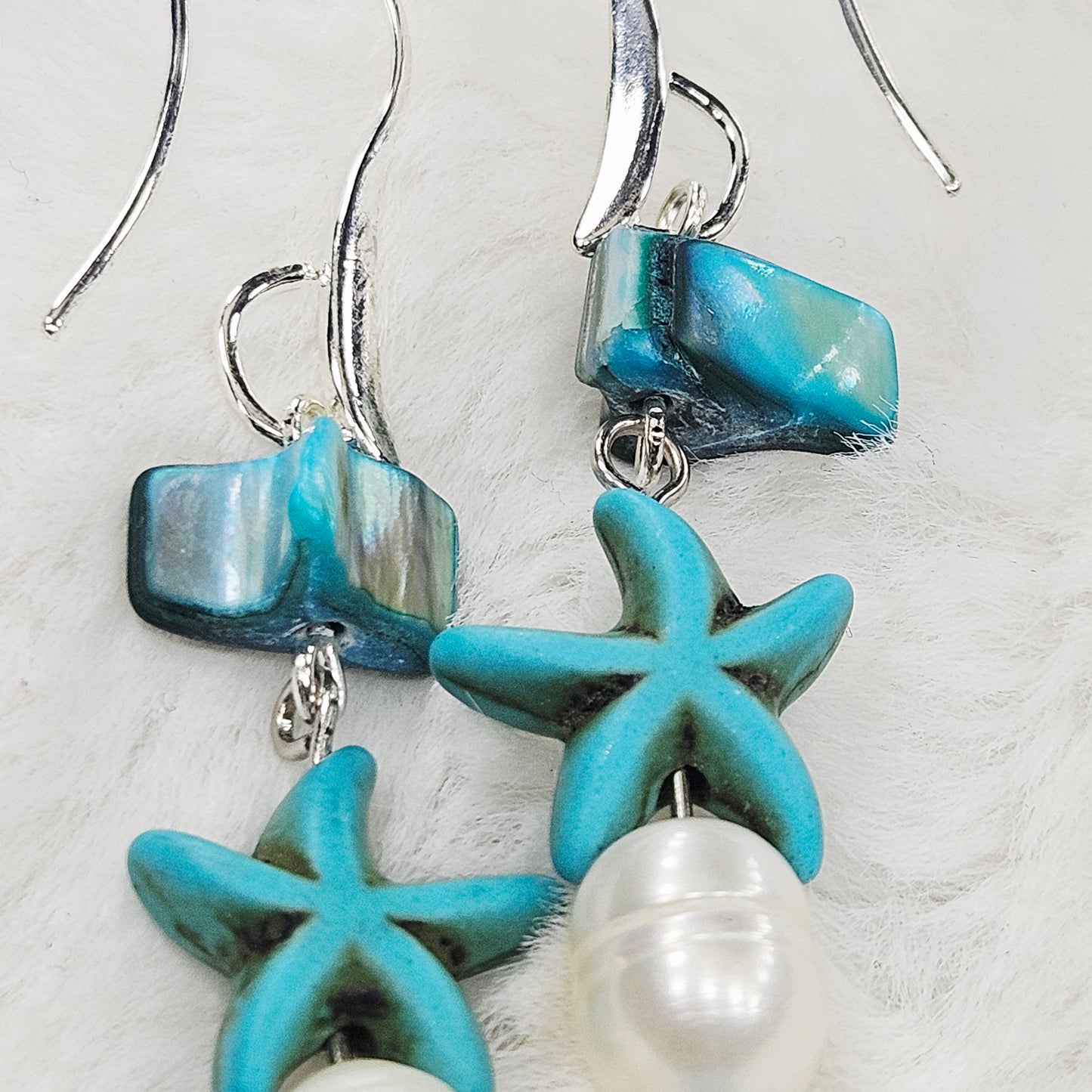 Turquoise Starfish Mother of Pearl Shell and Freshwater Pearl Earrings