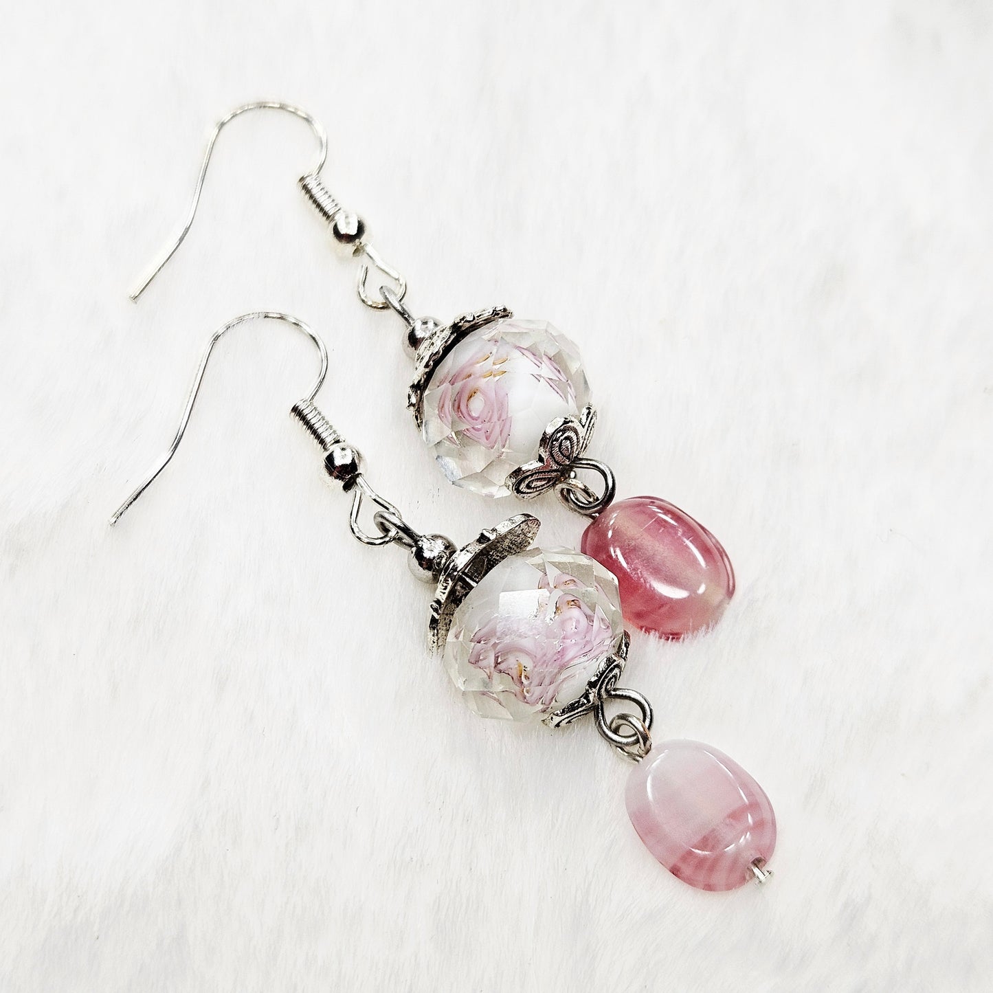 Hidden Flower Crystal Dangle Earrings with Pink Swirl Glass and Silver Flower Caps - 2"