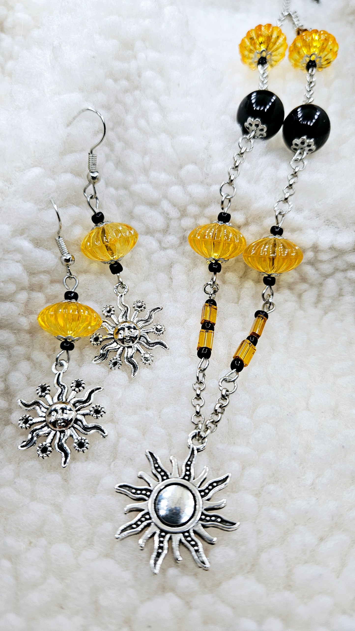 Golden Shining Suns Set - Silver Sun Pendant Necklace with Matching Sun Charm Earrings