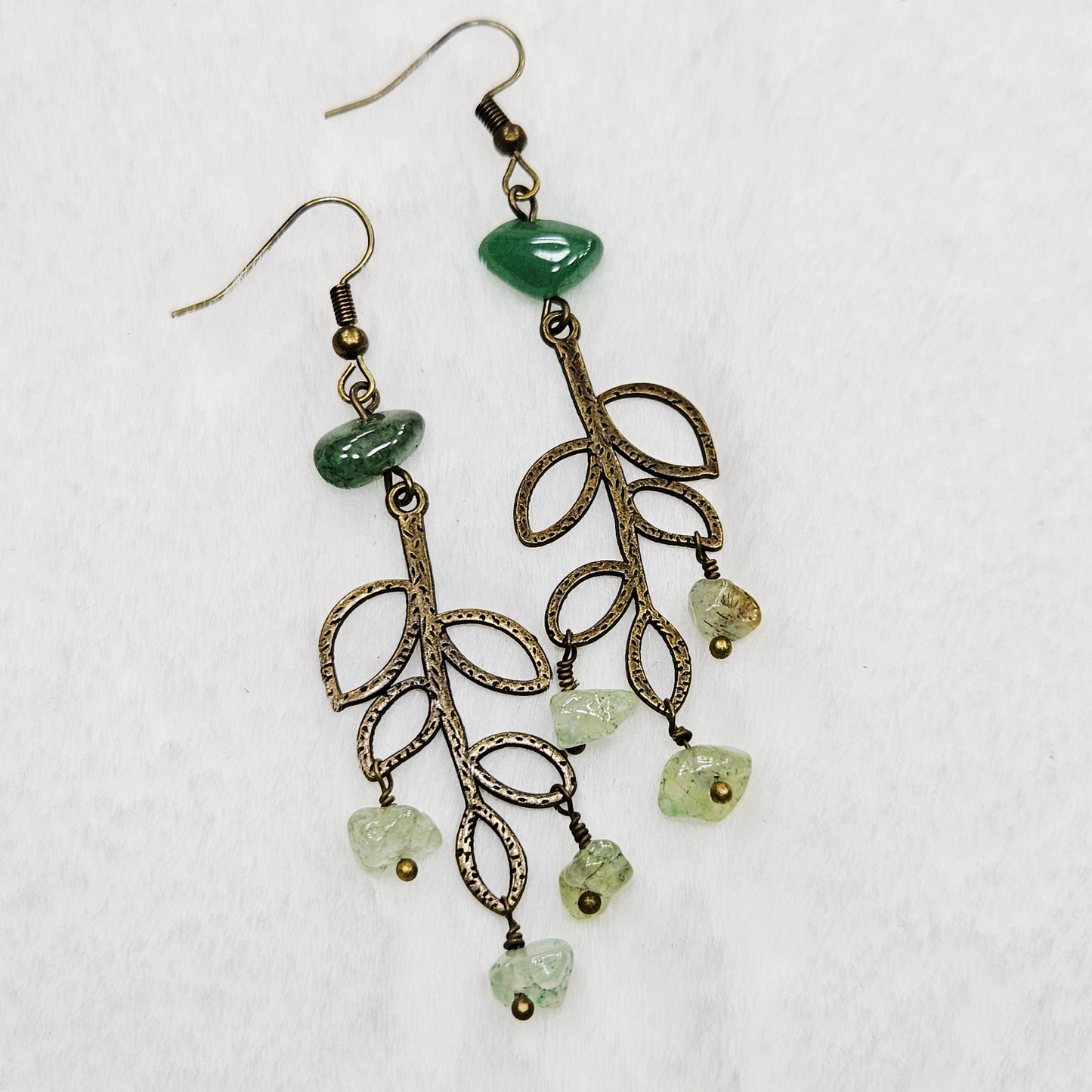 Textured Antique Brass Branch Earrings with Peridot Chip Dangles