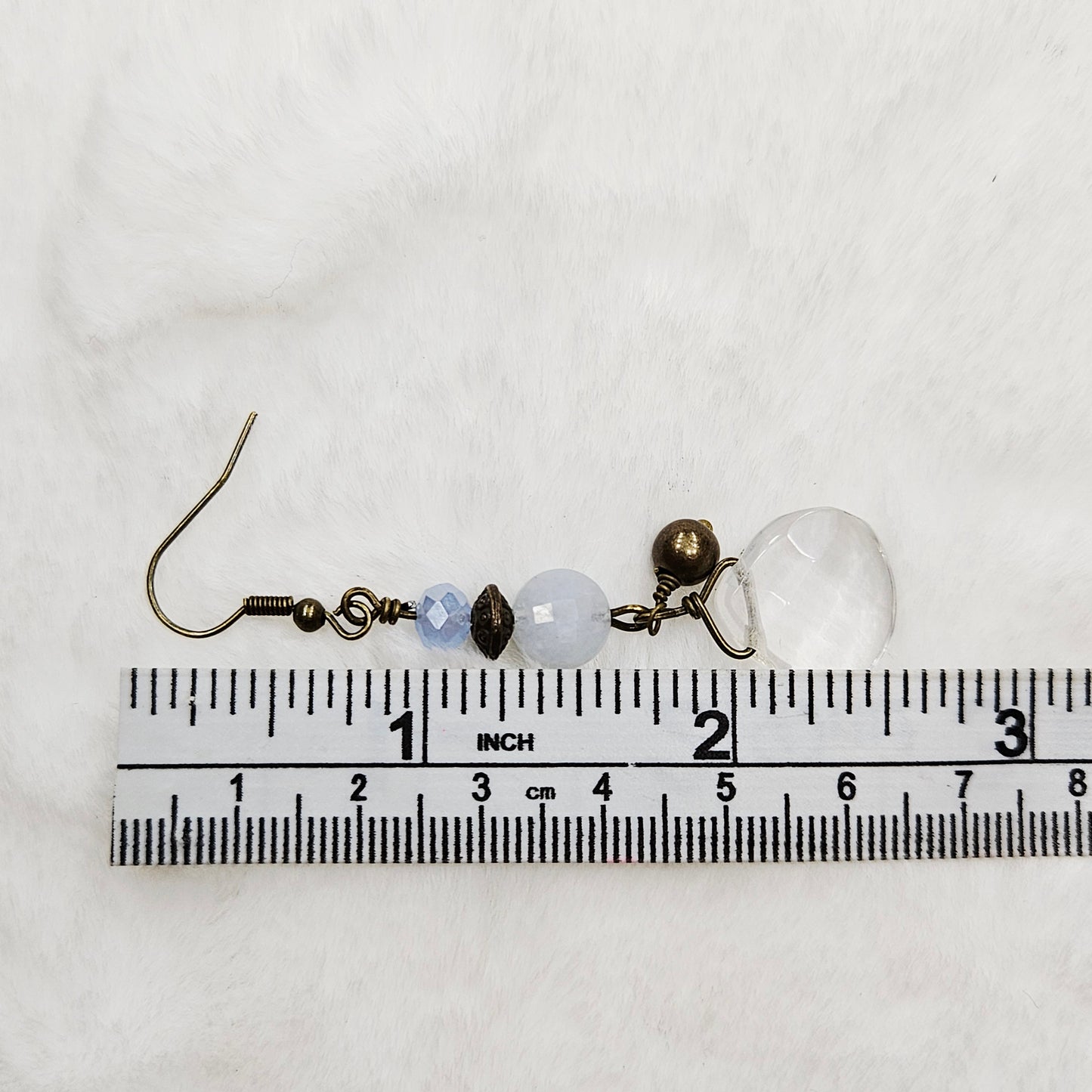 Antiqued Brass Baby Blue Natural Stone and Crystal Earrings with Gem Cut Glass and Brass Dangles
