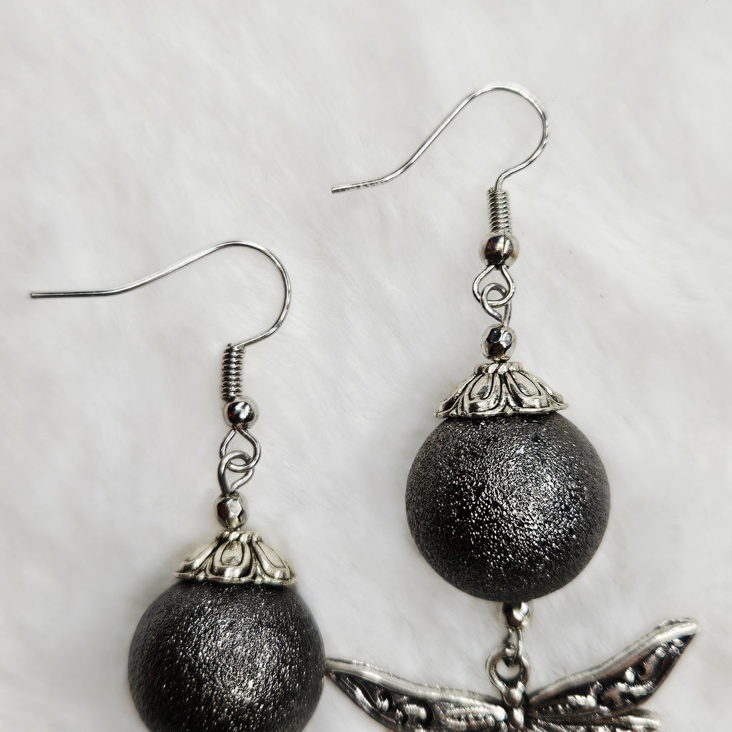 Shimmery Antique Silver Dragonfly Earrings