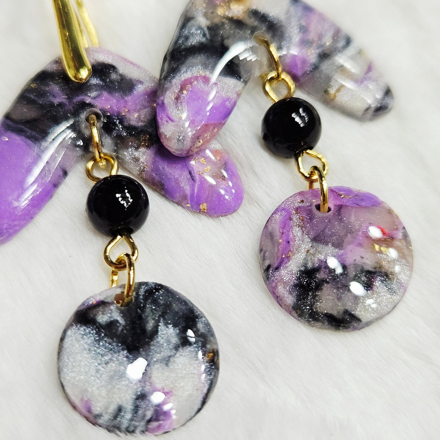 Purple Polymer Clay Marble Dangle Earrings in Gold with black bead