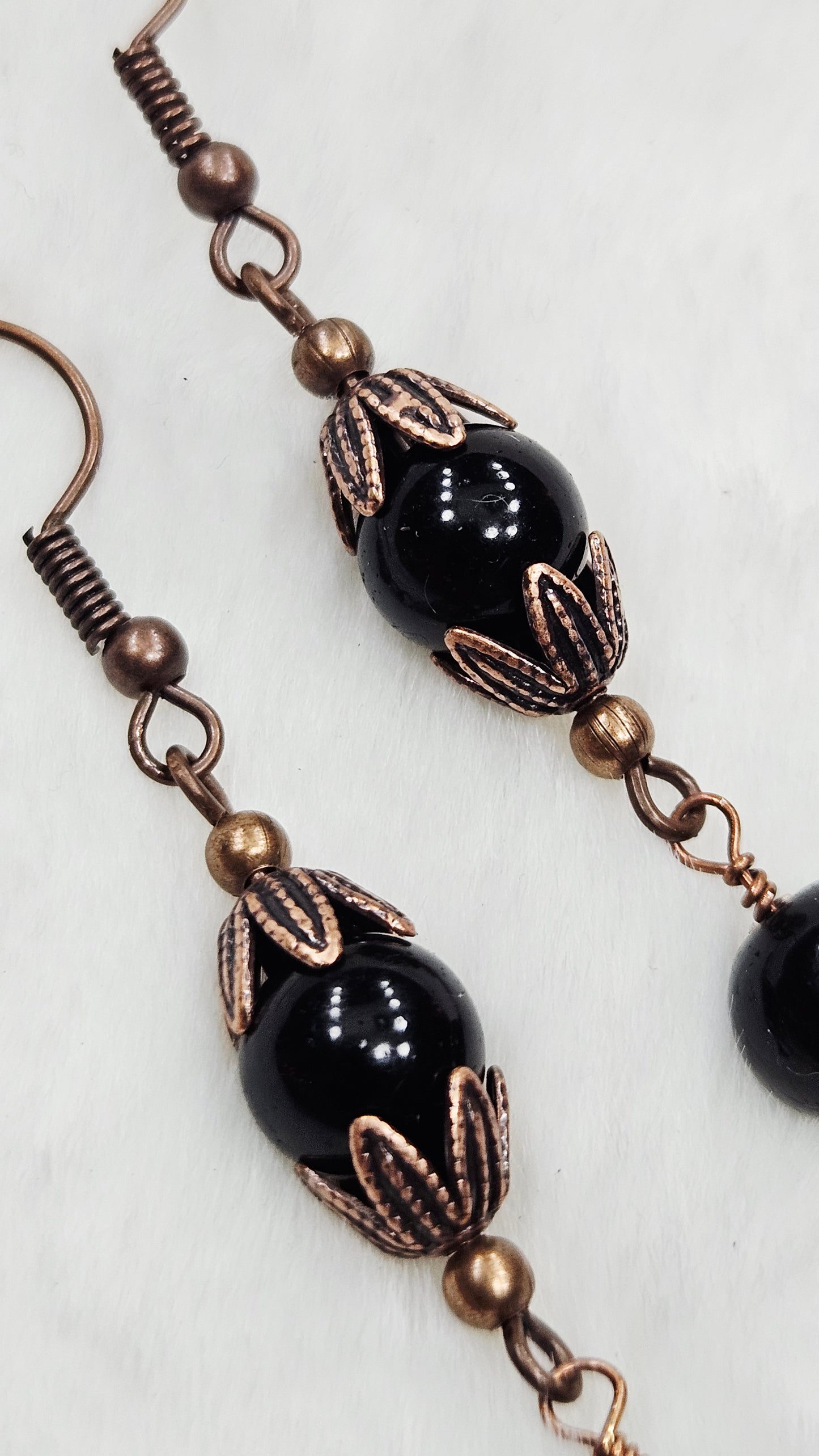 Antique Copper Leaf Cap Dangle Earrings with Black Glass