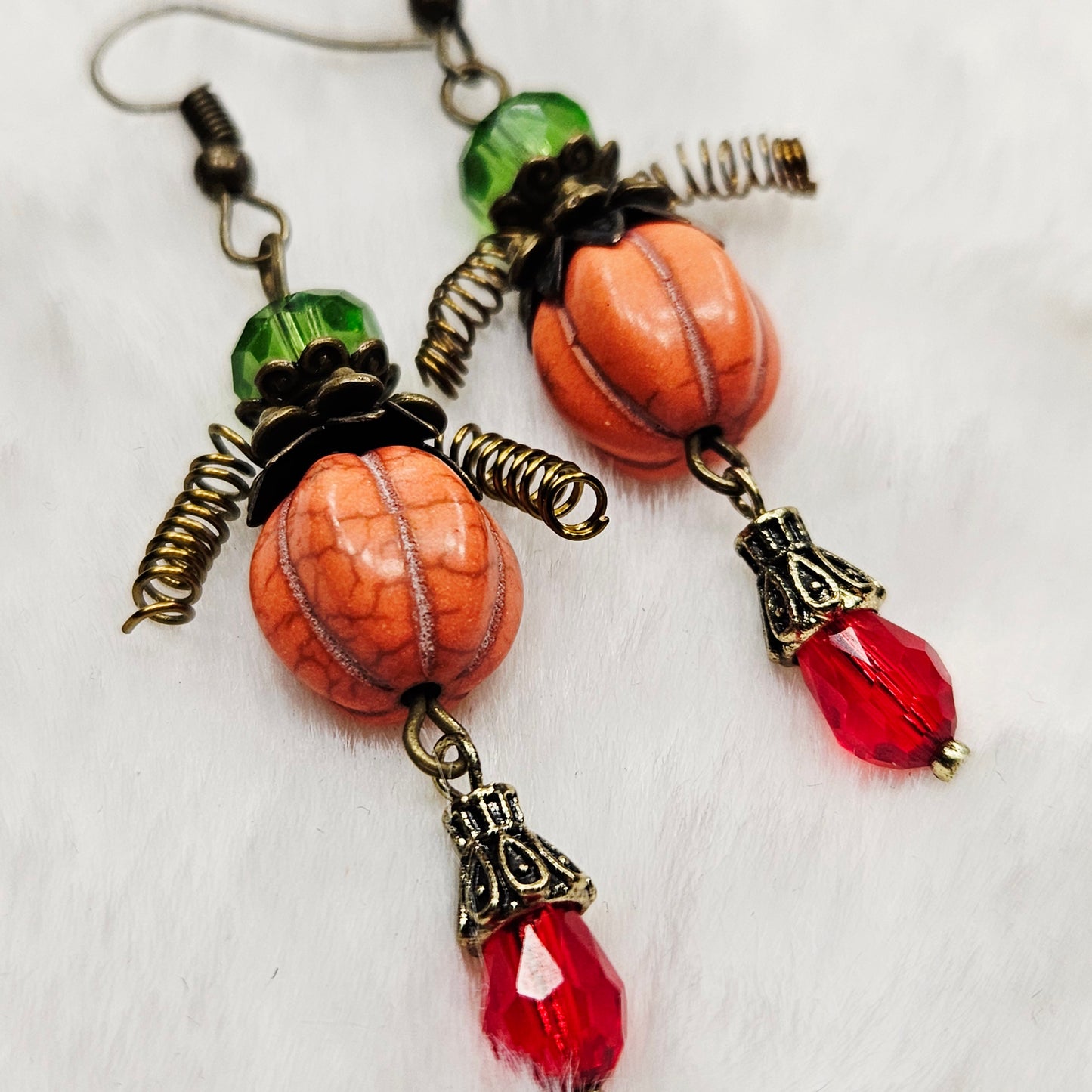 Orange "Pumpkin Men" Earrings with Crystal Teardrop Dangles on Brass