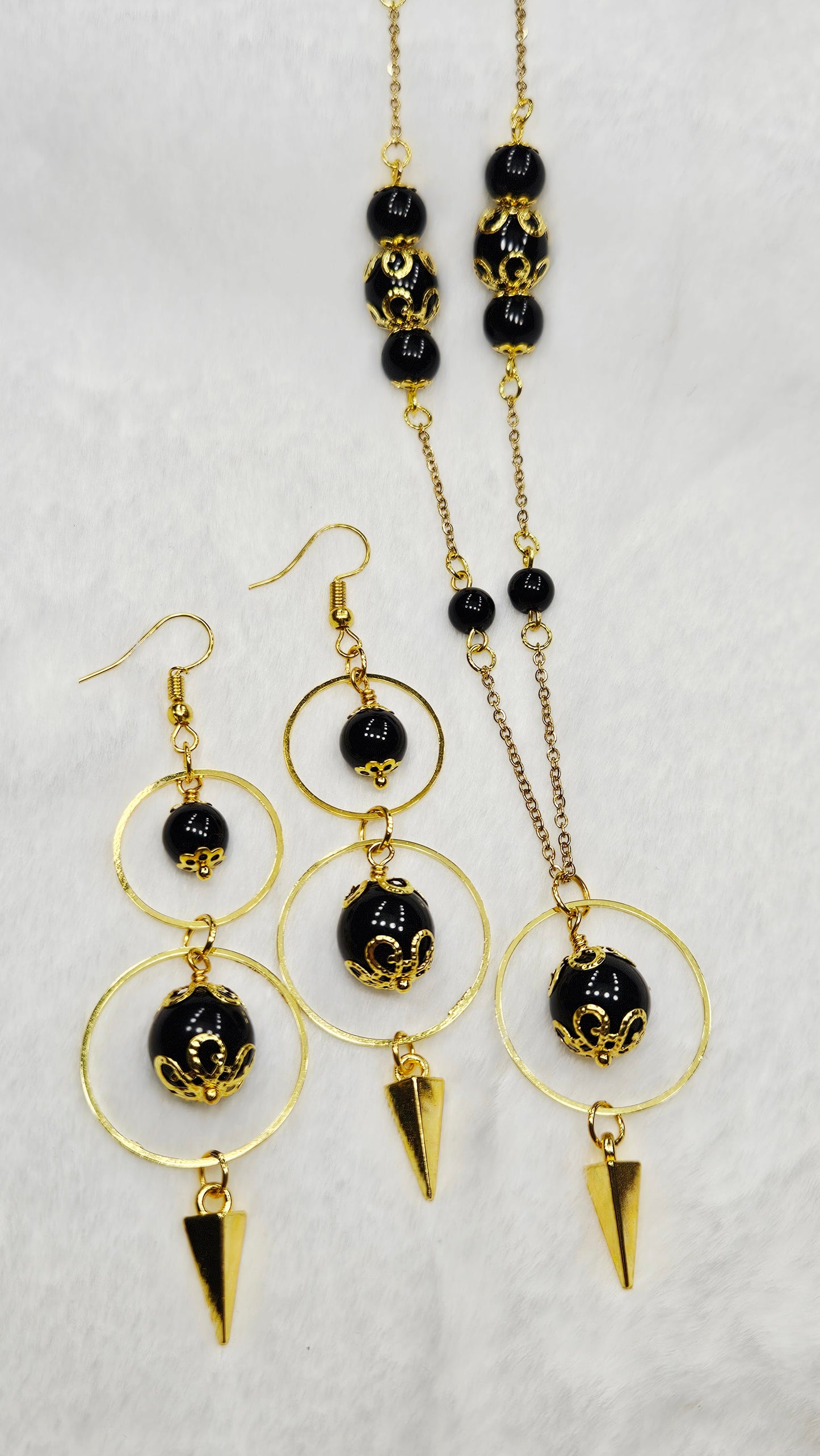 Soft & Sharp Set - Gold Hoops with Spikes and Gold Filigree Capped Black Glass Necklace and Earrings