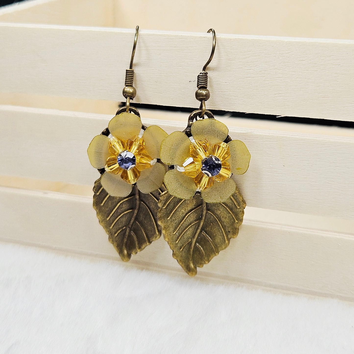 Brass Leaf Earrings with Golden Yellow Flowers