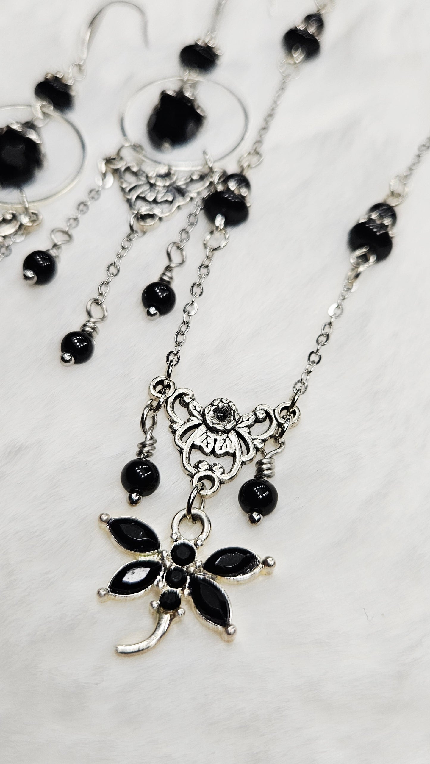 Vintage Filigree Set - Black Crystal Dragonfly and Silver Filigree Pendant Necklace with Earrings