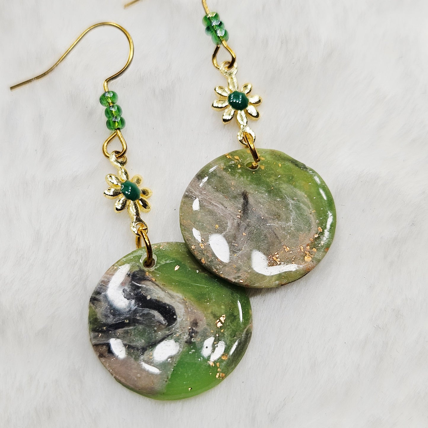 Lime Green Camouflage Polymer Clay Earrings with Gold Flowers