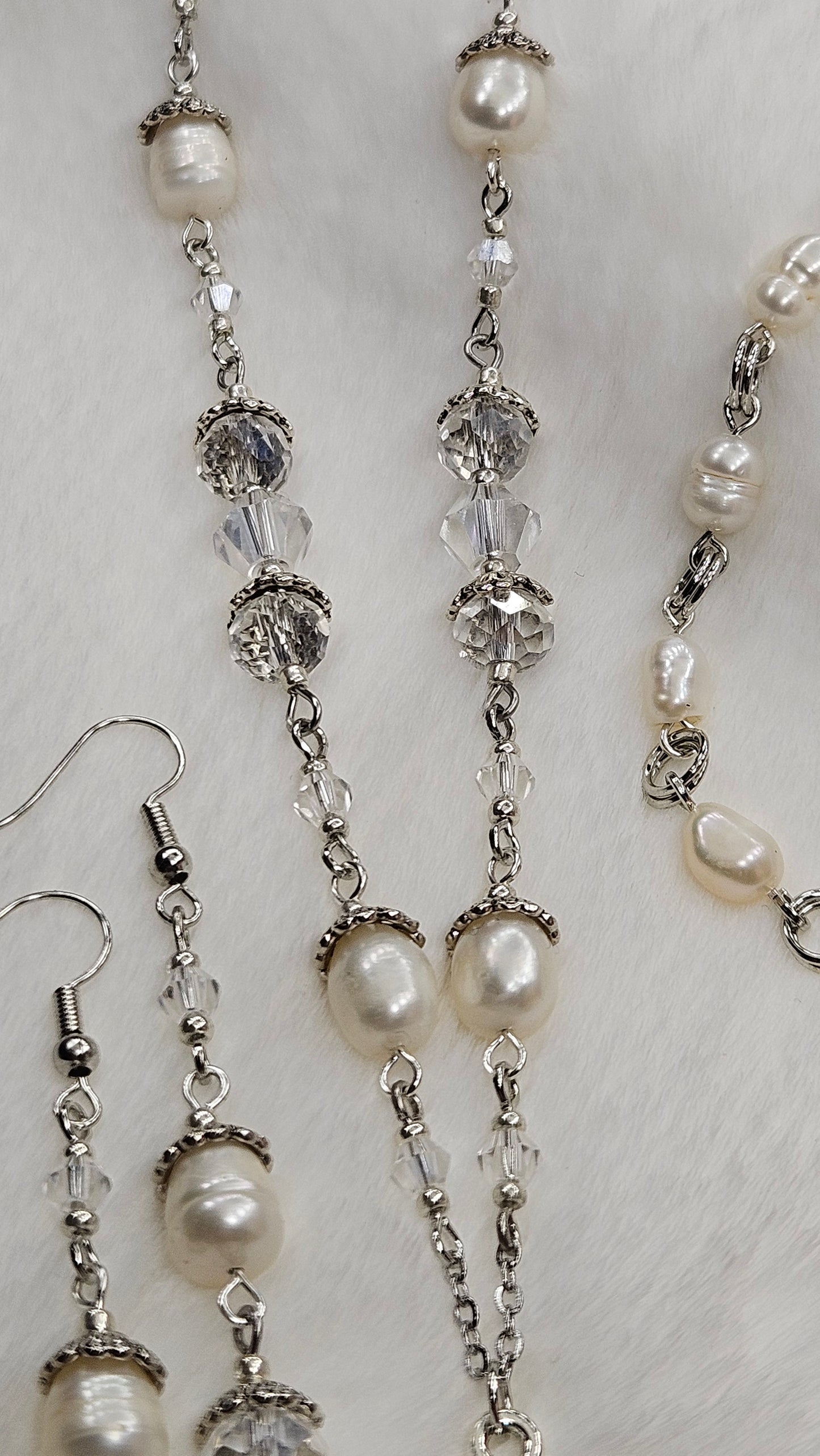 Silver Risen Rose Cross Set - Rose Cross Pendant Necklace with Crystal & Freshwater Pearls Earrings & Bracelet