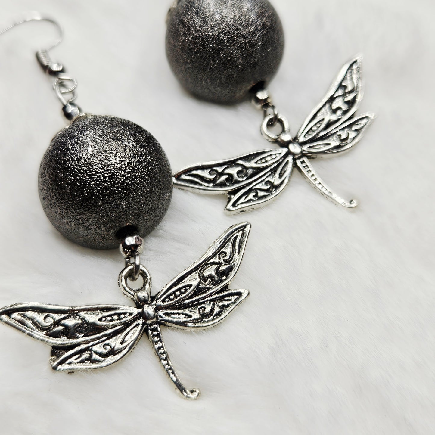 Shimmery Antique Silver Dragonfly Earrings